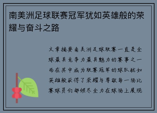 南美洲足球联赛冠军犹如英雄般的荣耀与奋斗之路