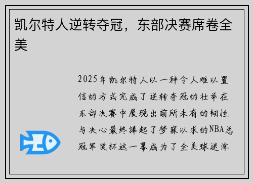 凯尔特人逆转夺冠，东部决赛席卷全美