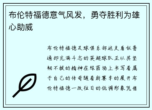 布伦特福德意气风发，勇夺胜利为雄心助威