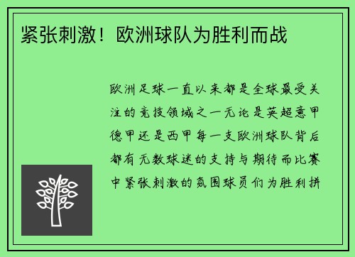 紧张刺激！欧洲球队为胜利而战