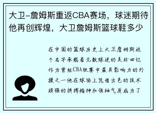 大卫-詹姆斯重返CBA赛场，球迷期待他再创辉煌，大卫詹姆斯篮球鞋多少钱