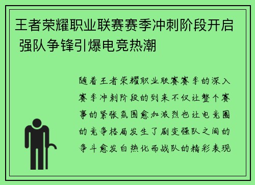 王者荣耀职业联赛赛季冲刺阶段开启 强队争锋引爆电竞热潮