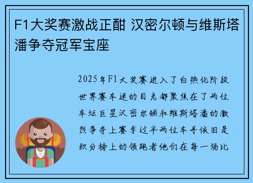 F1大奖赛激战正酣 汉密尔顿与维斯塔潘争夺冠军宝座